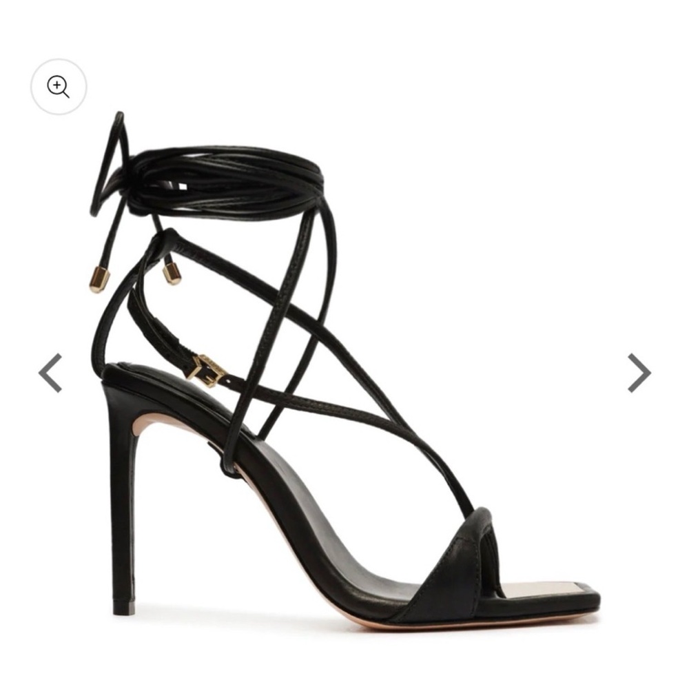 SCHUTZ Black Lace-Up Stiletto Sandal with Gold Accents